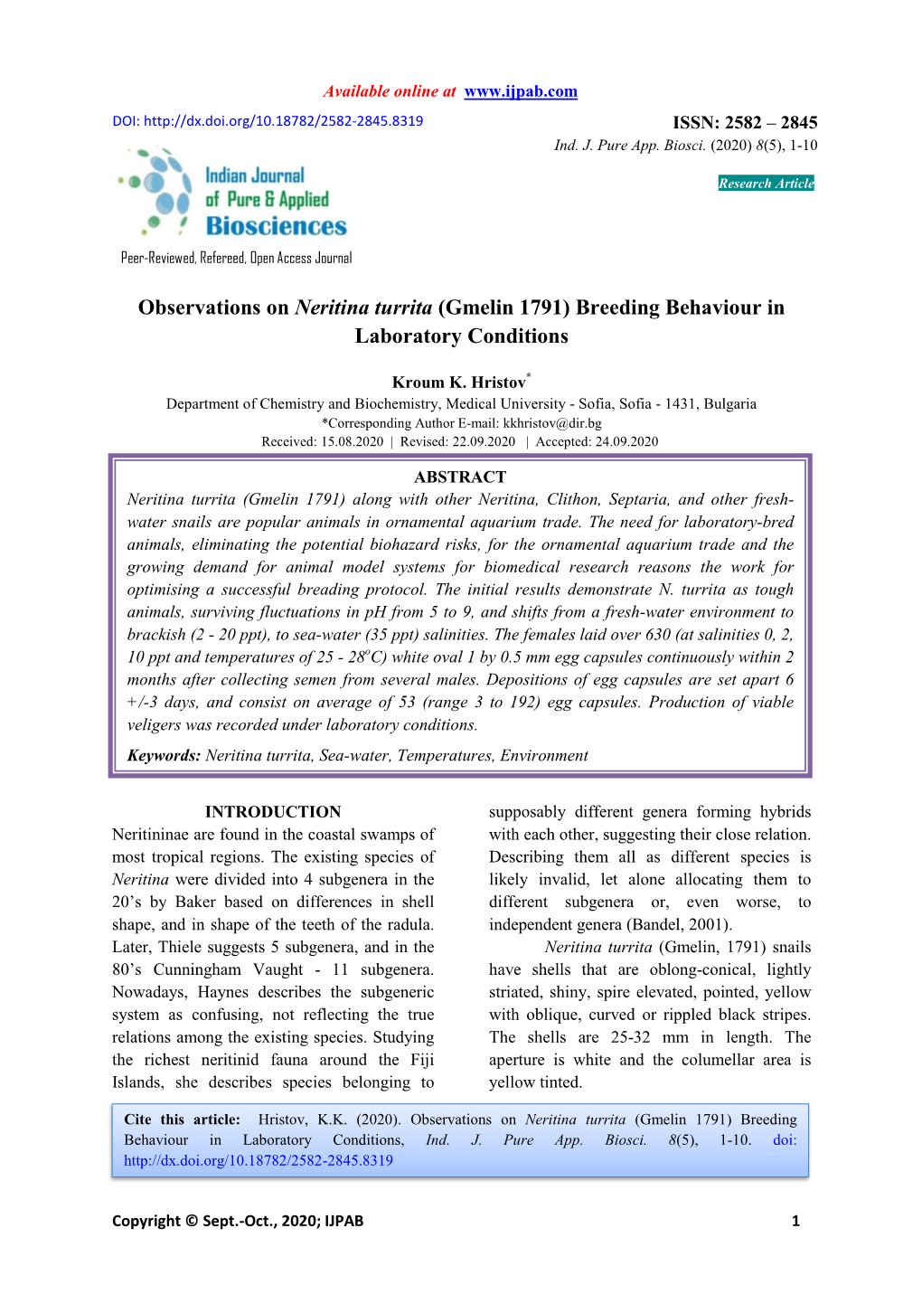 Observations on Neritina Turrita (Gmelin 1791) Breeding Behaviour in Laboratory Conditions