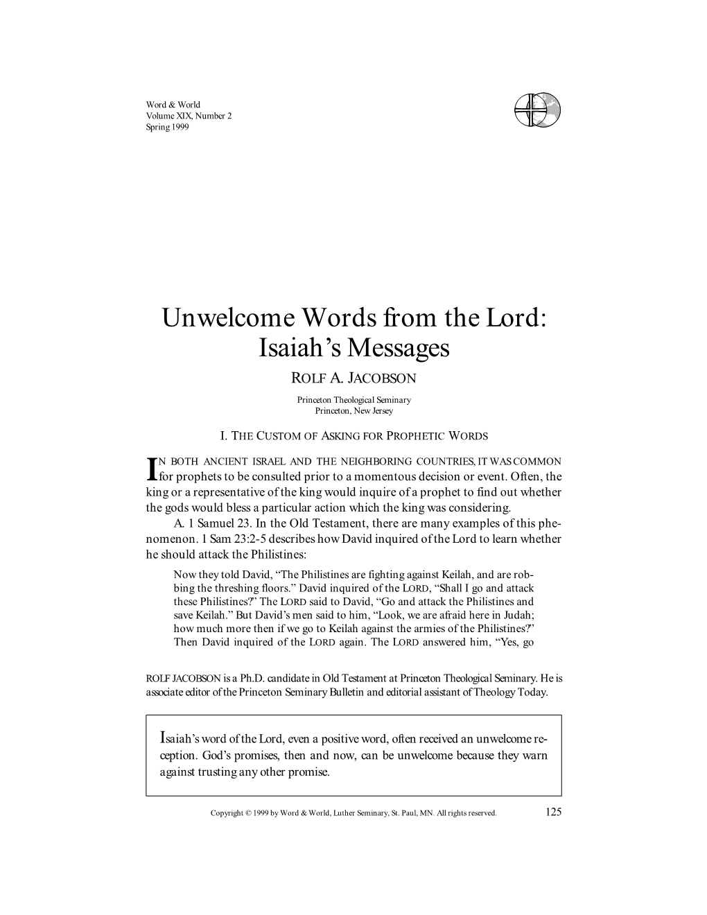 Unwelcome Words from the Lord: Isaiah's Messages