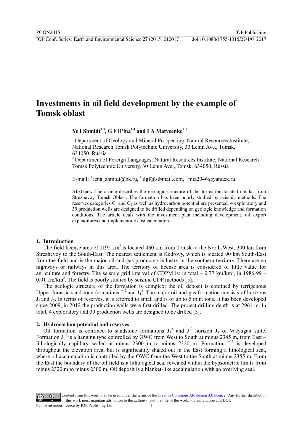 Investments in Oil Field Development by the Example of Tomsk Oblast