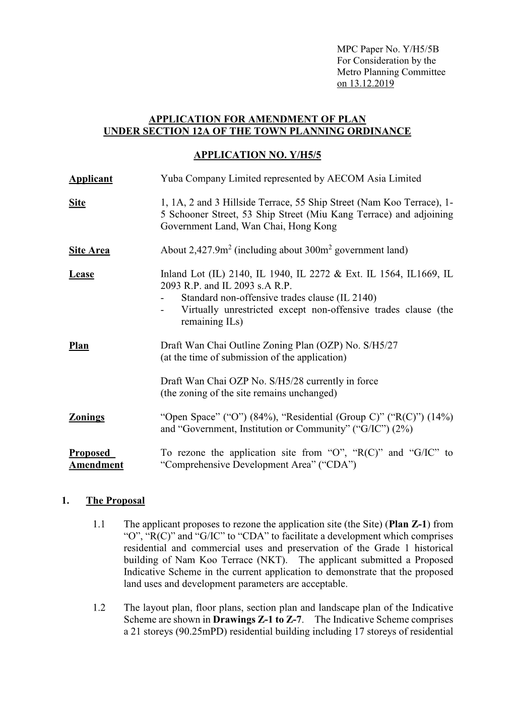 Application for Amendment of Plan Under Section 12A of the Town Planning Ordinance