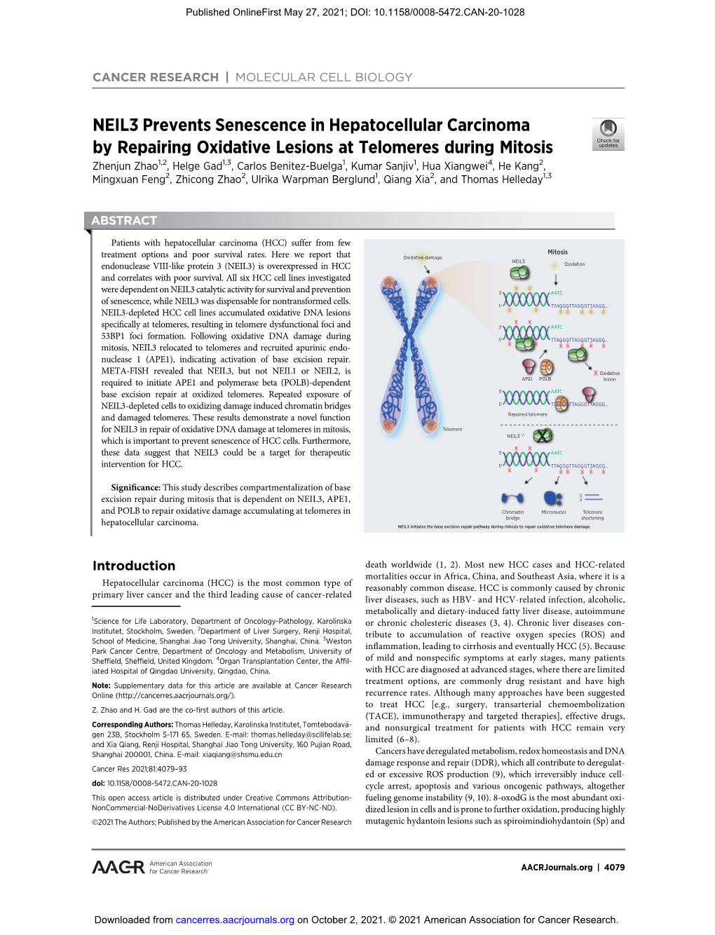 NEIL3 Prevents Senescence in Hepatocellular Carcinoma By