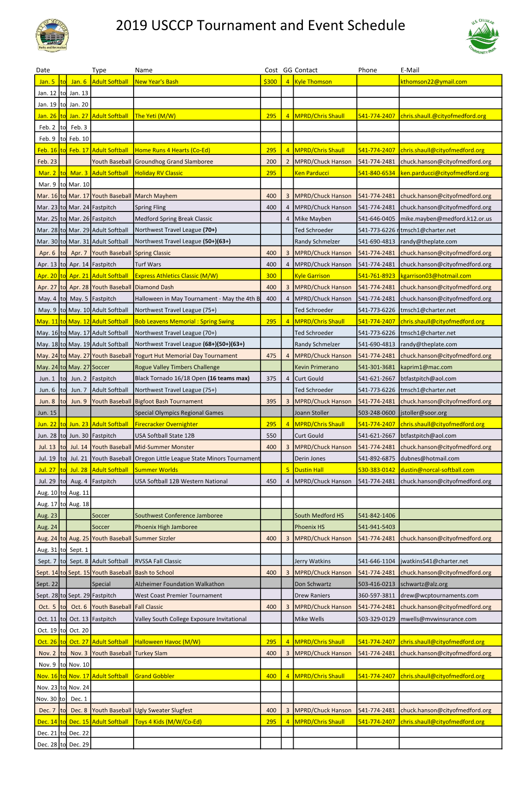 2019 USCCP Tournament and Event Schedule