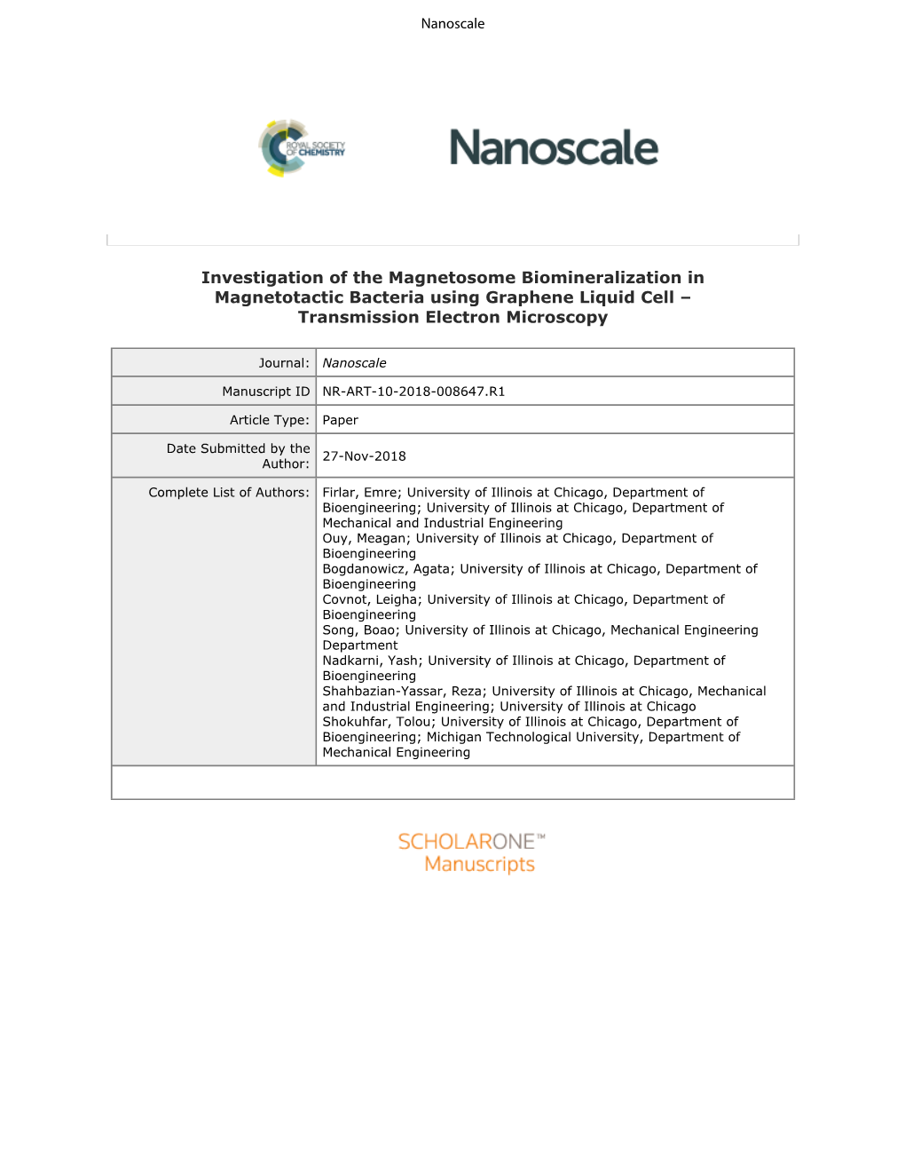 Investigation of the Magnetosome Biomineralization in Magnetotactic Bacteria Using Graphene Liquid Cell – Transmission Electron Microscopy