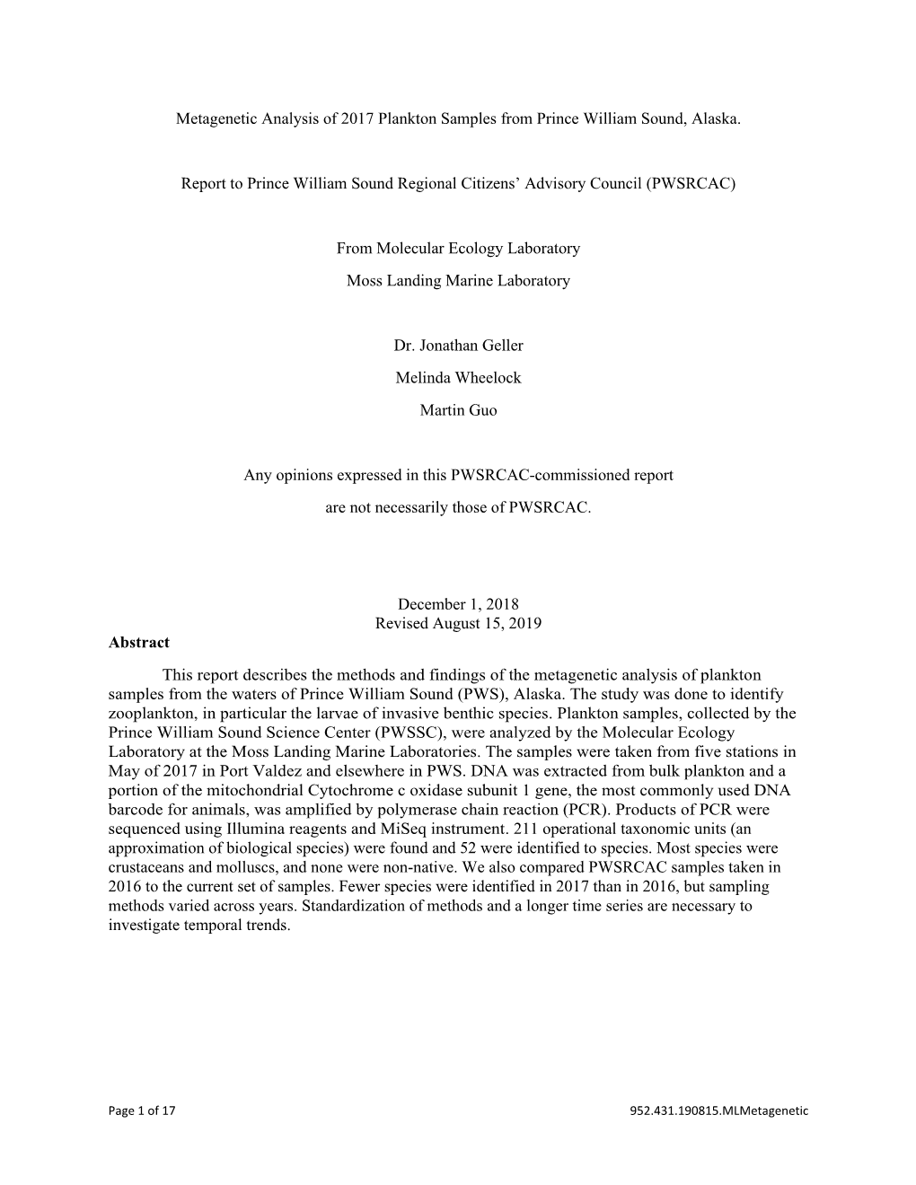 Metagenetic Analysis of 2017 Plankton Samples from Prince William Sound, Alaska