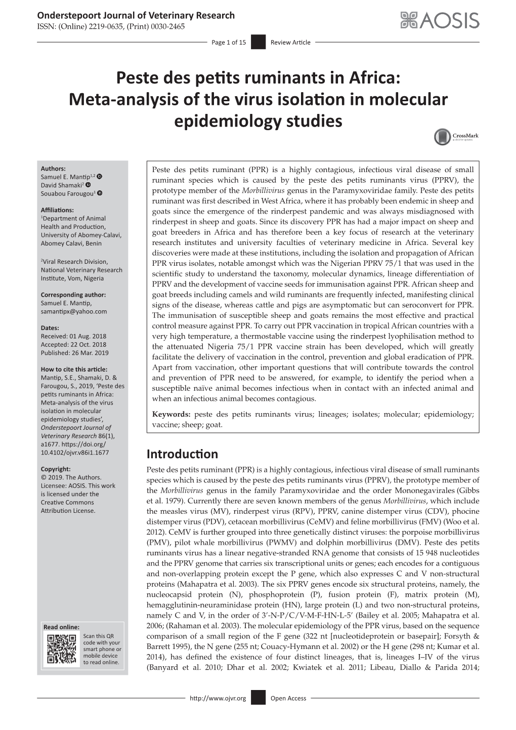 Peste Des Petits Ruminants in Africa: Meta-Analysis of the Virus Isolation in Molecular Epidemiology Studies