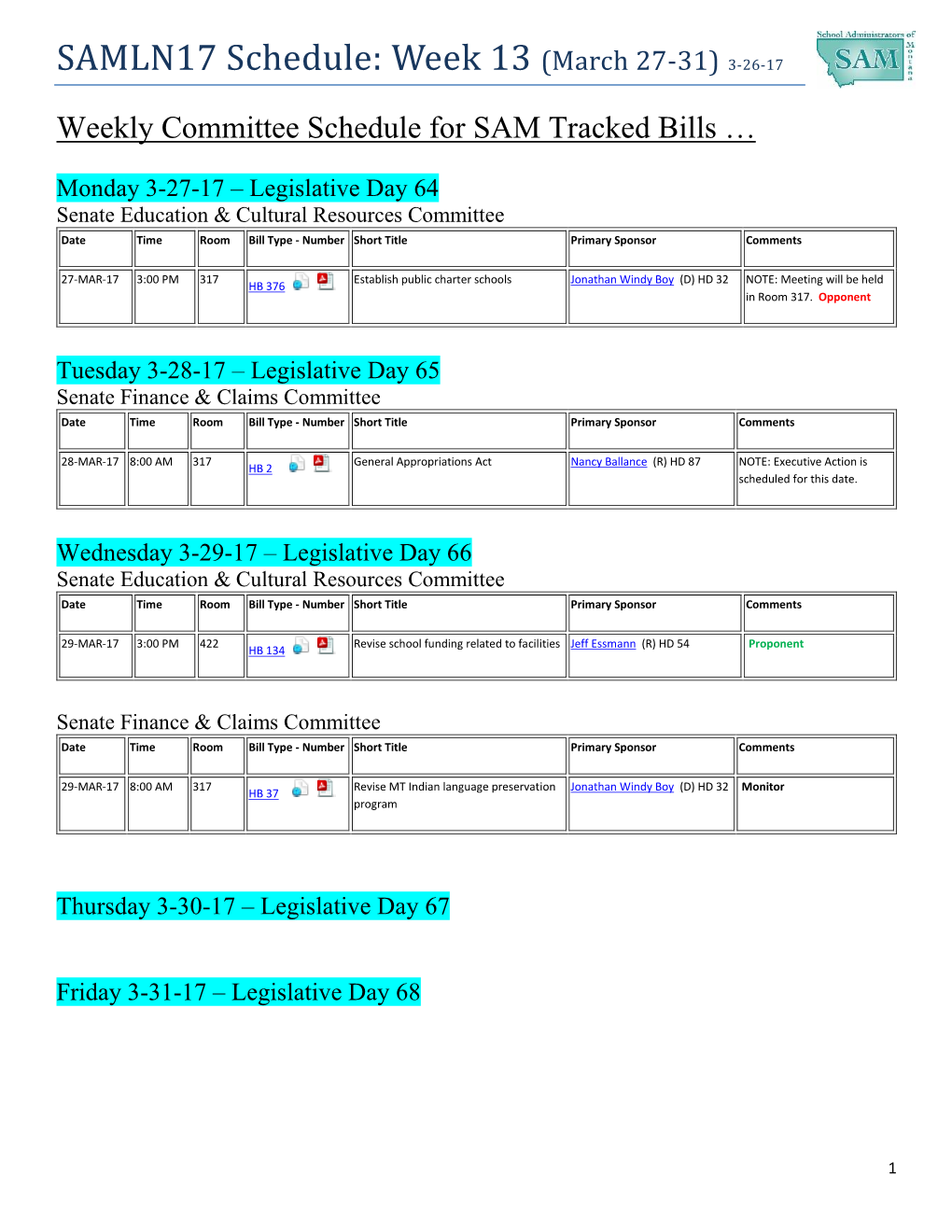 SAMLN17 Schedule: Week 13 (March 27-31) 3-26-17