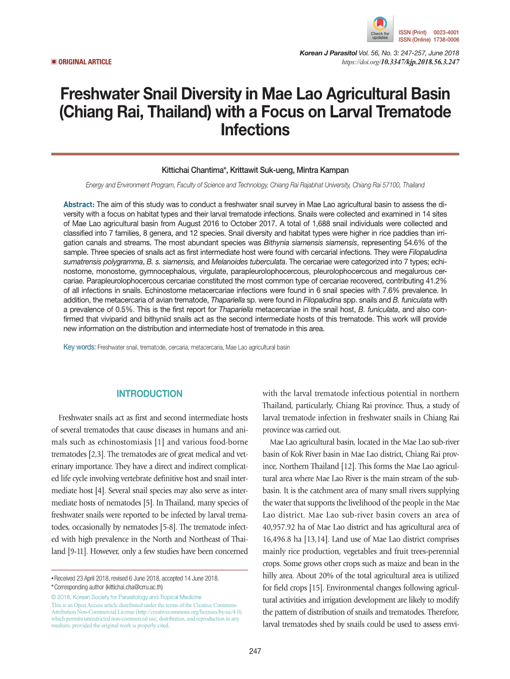 Freshwater Snail Diversity in Mae Lao Agricultural Basin (Chiang Rai, Thailand) with a Focus on Larval Trematode Infections