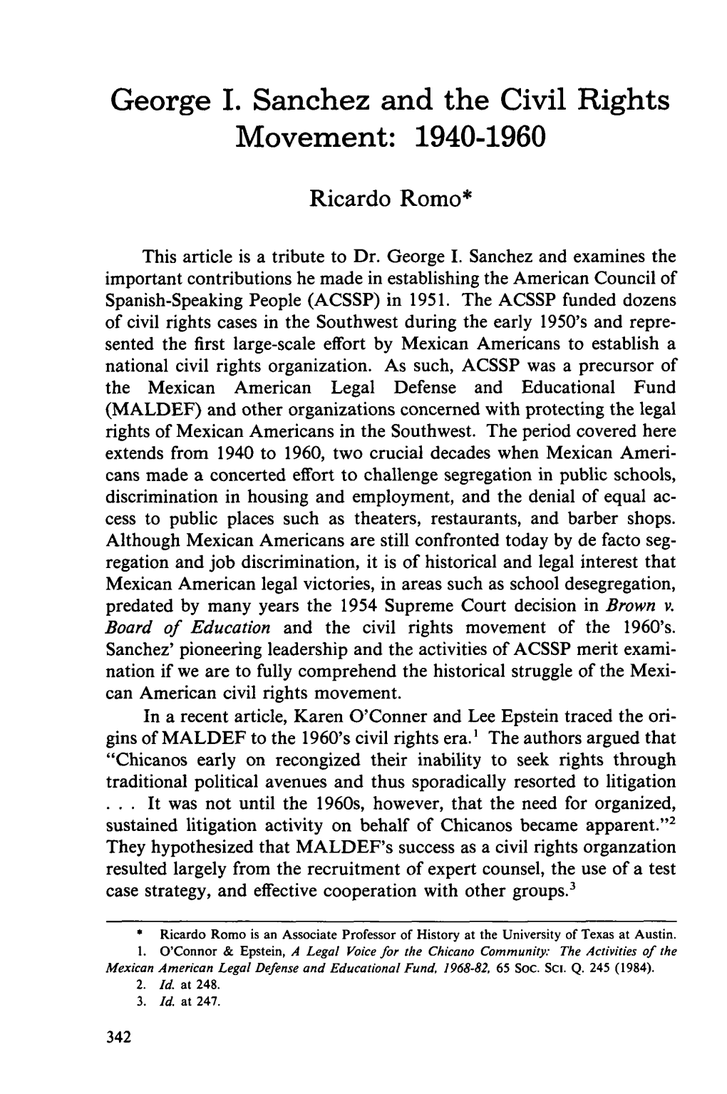 George I. Sanchez and the Civil Rights Movement: 1940-1960