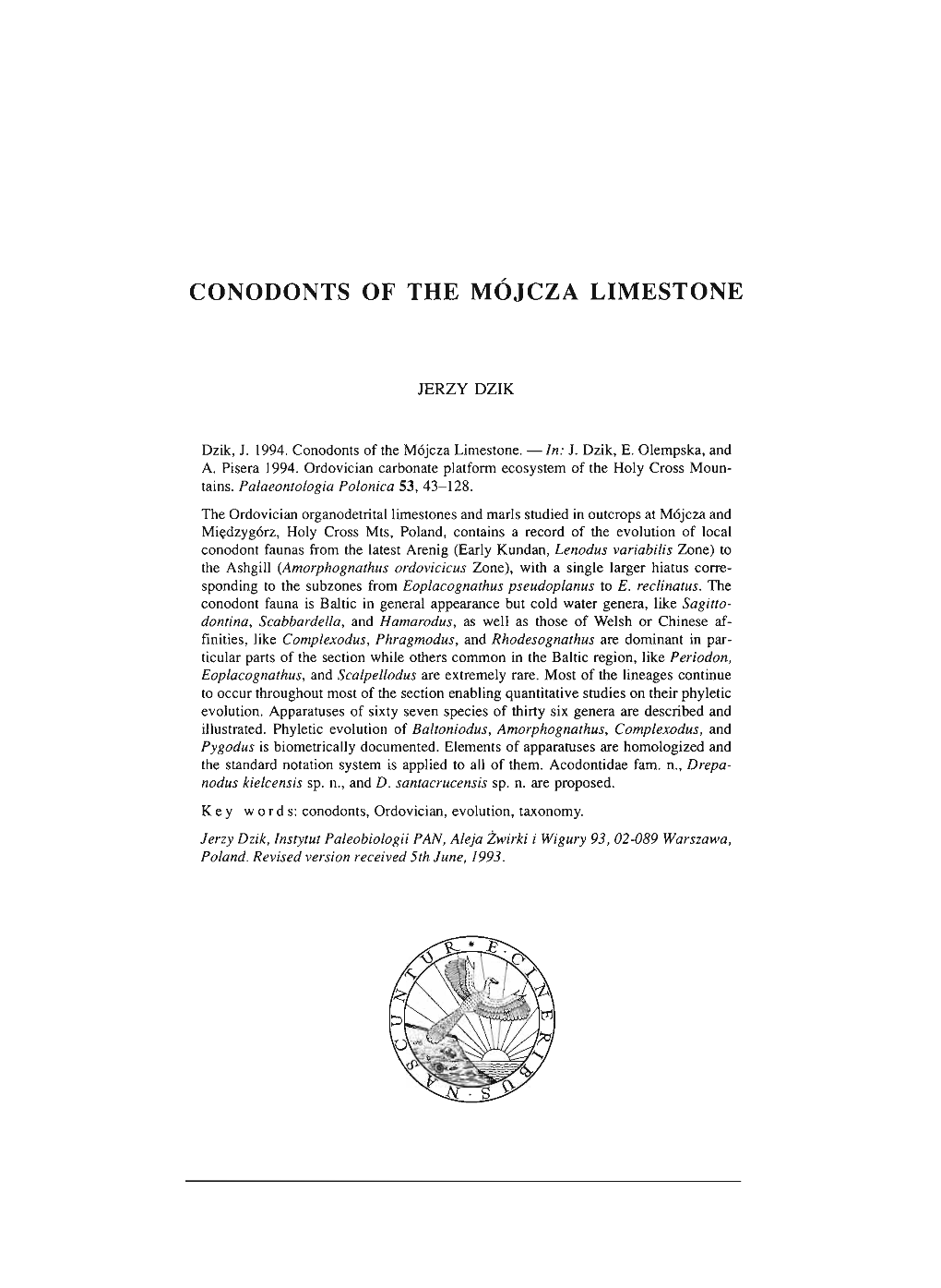 CONODONTS of the MOJCZA LIMESTONE -.: Palaeontologia Polonica