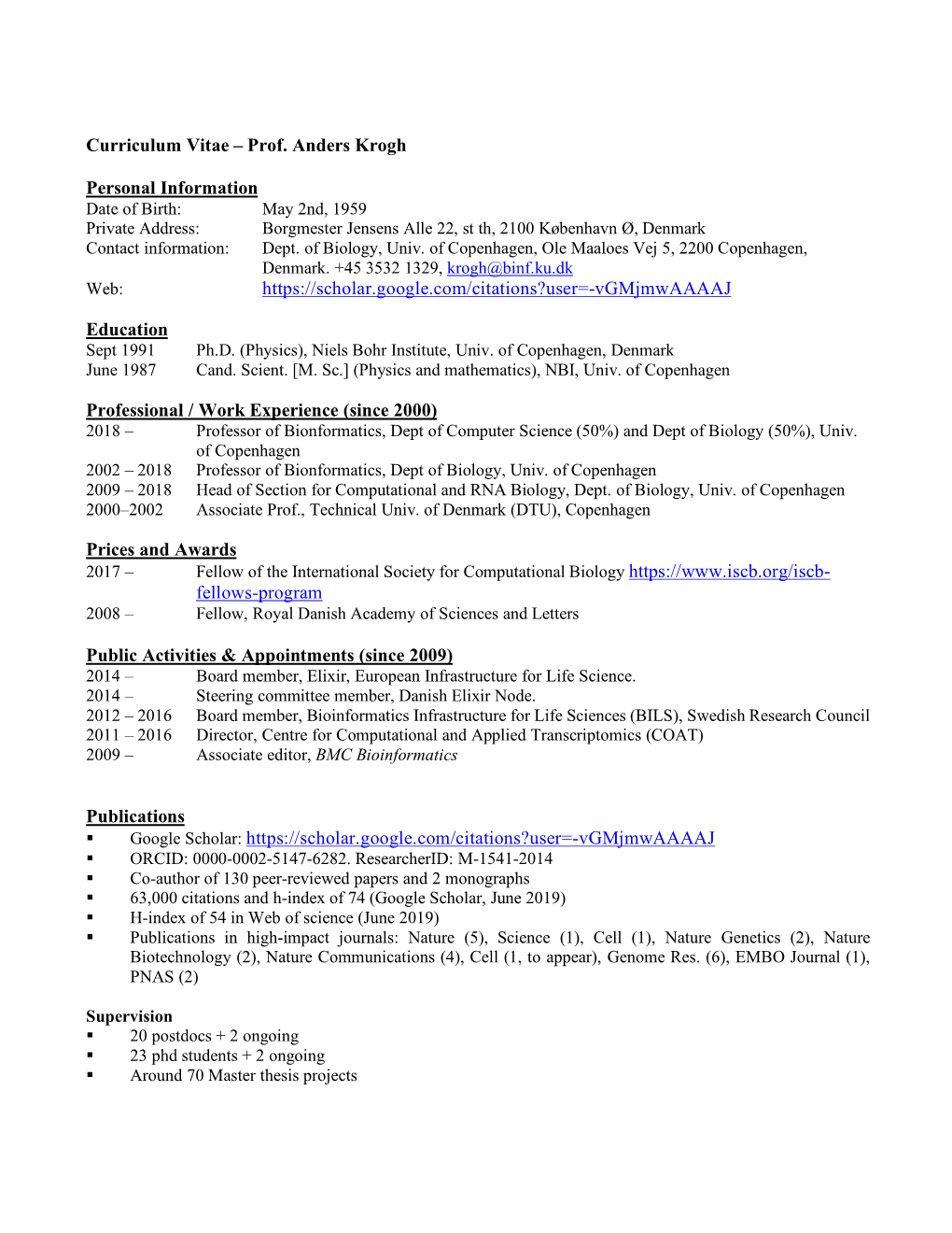 Curriculum Vitae – Prof. Anders Krogh Personal Information