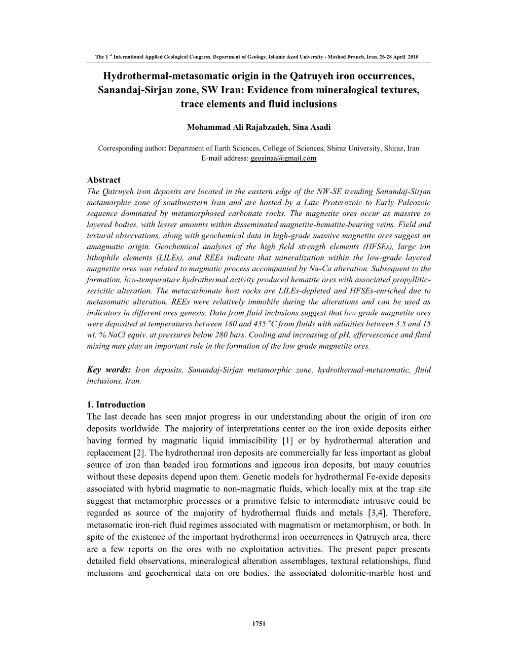 Hydrothermal-Metasomatic Origin in the Qatruyeh Iron Occurrences