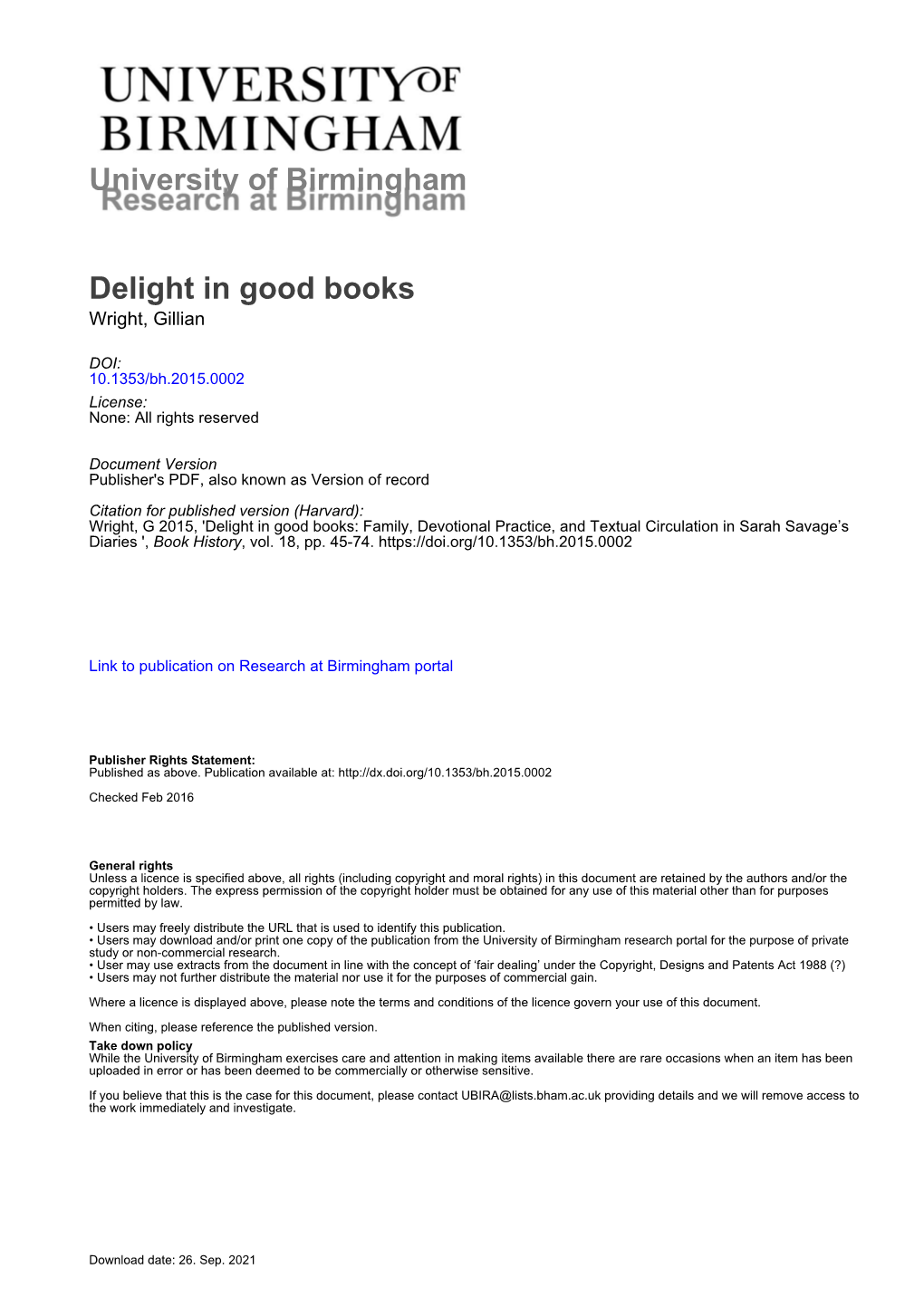 University of Birmingham Delight in Good Books