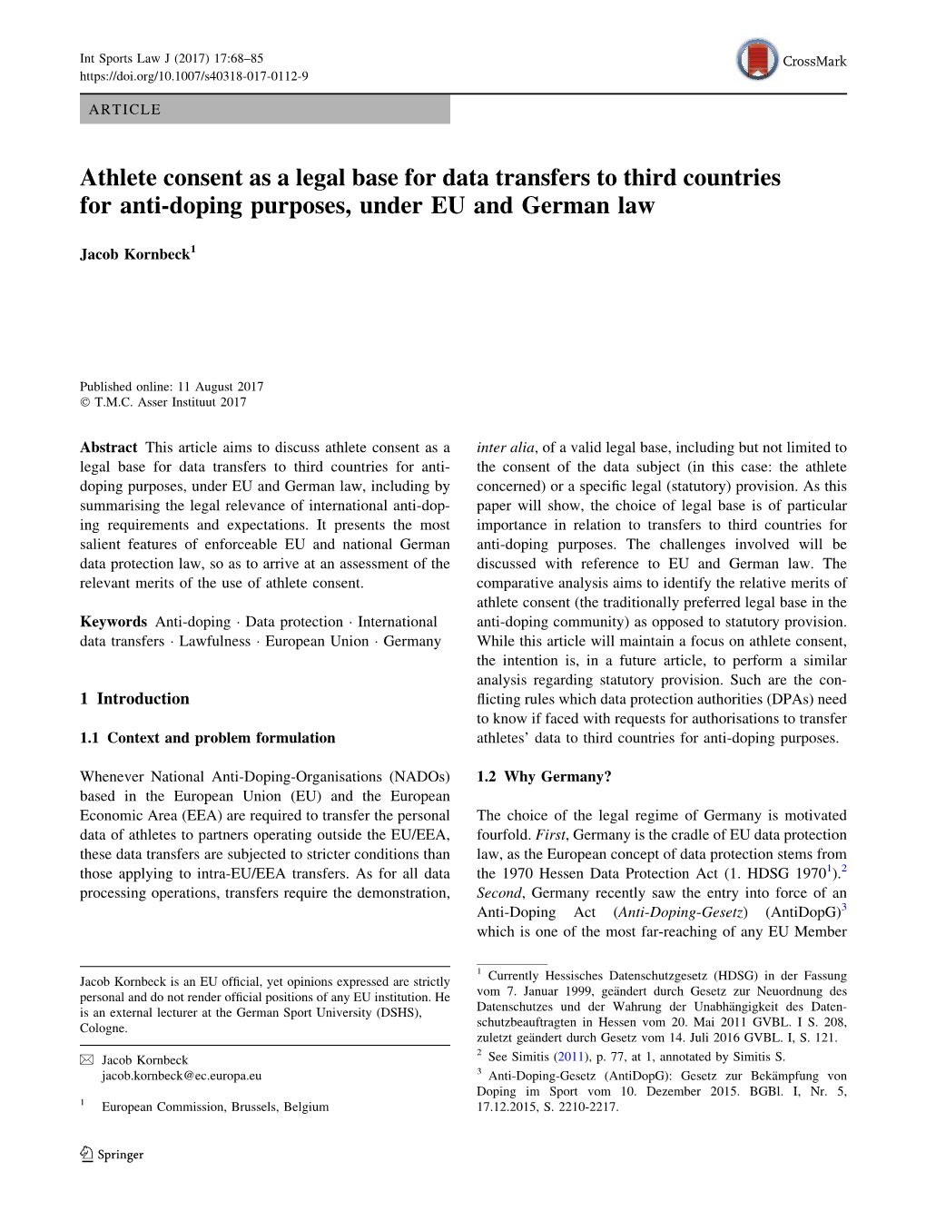 Athlete Consent As a Legal Base for Data Transfers to Third Countries for Anti-Doping Purposes, Under EU and German Law