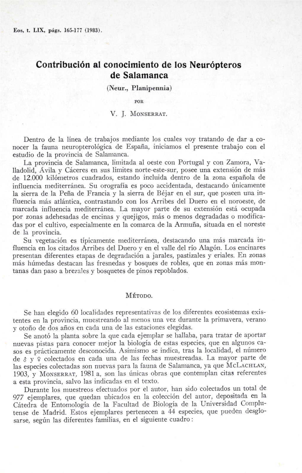 Contribución Al Conocimiento De Los Neurópteros De Salamanca (Neur., Planipennia)