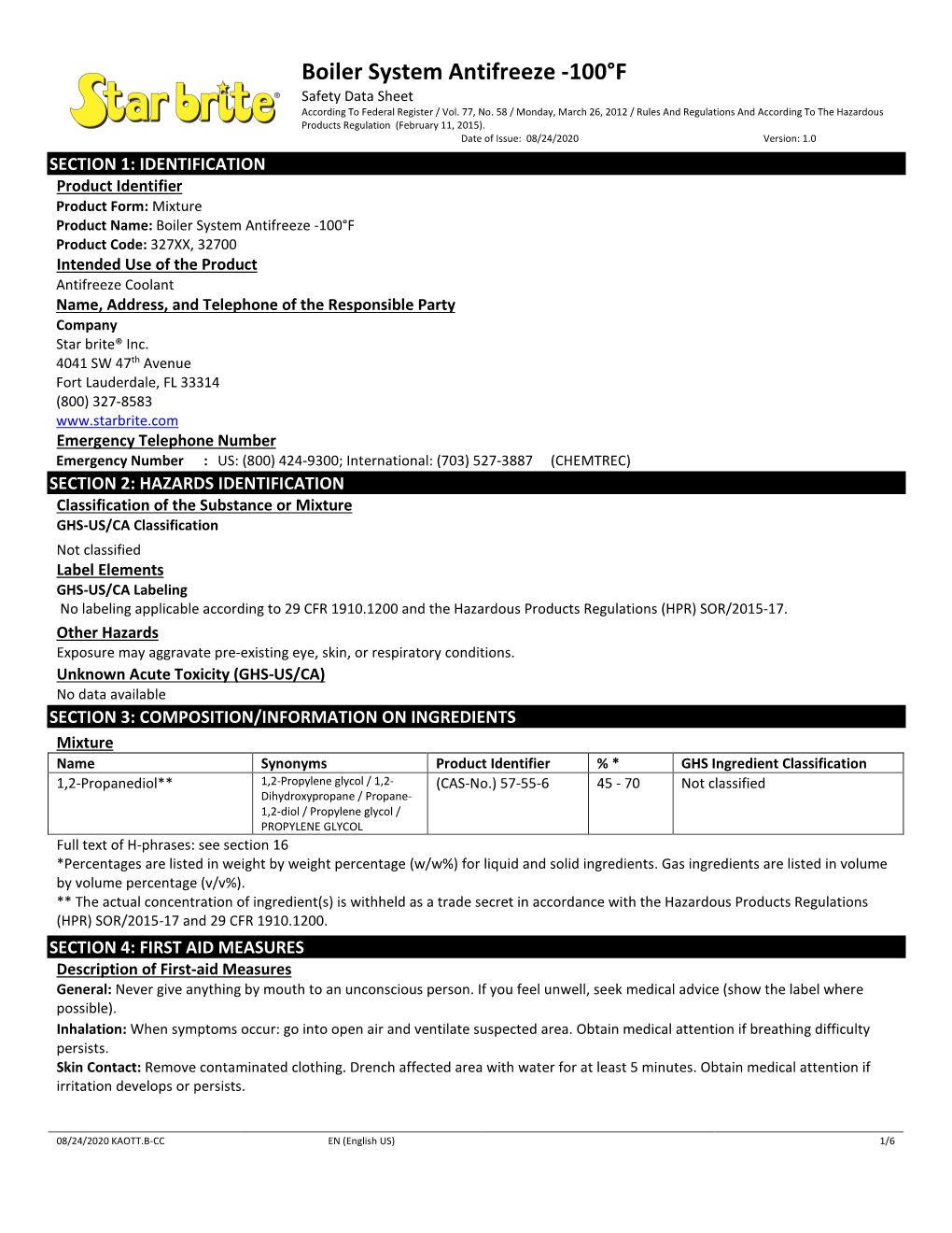 Boiler System Antifreeze -100°F Safety Data Sheet According to Federal Register / Vol