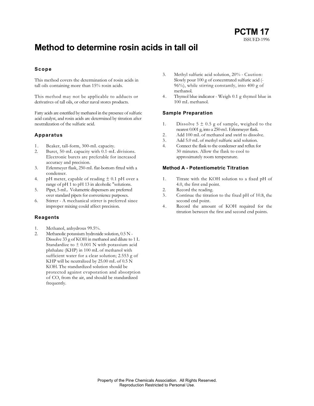 PCTM 17 ISSUED-1996 Method to Determine Rosin Acids in Tall Oil