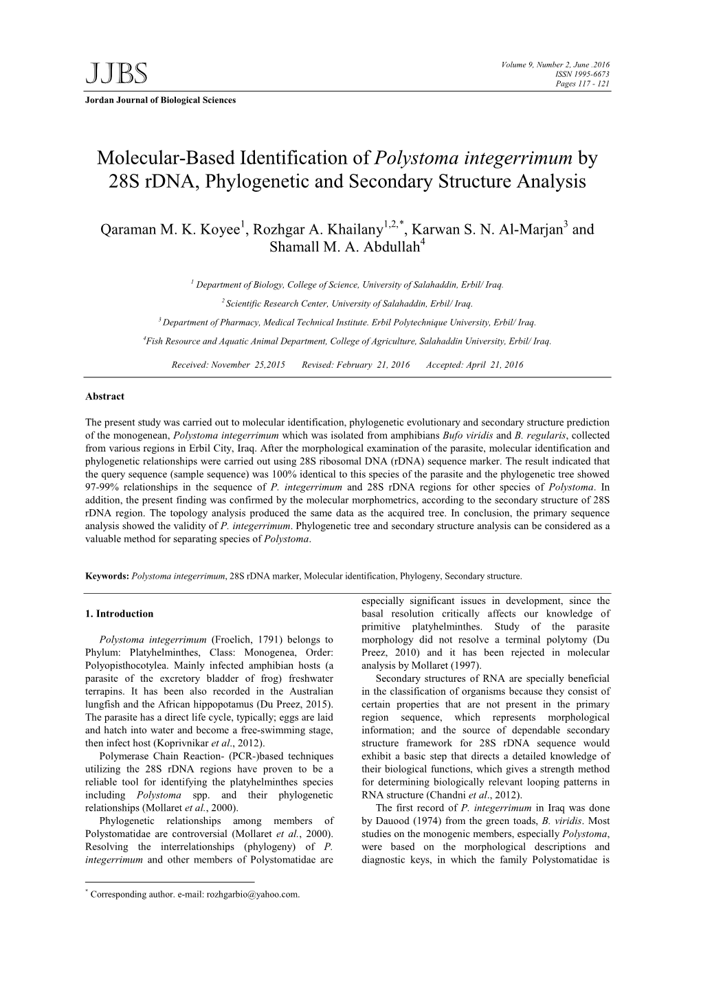 Molecular-Based Identification of Polystoma Integerrimum by 28S Rdna, Phylogenetic and Secondary Structure Analysis