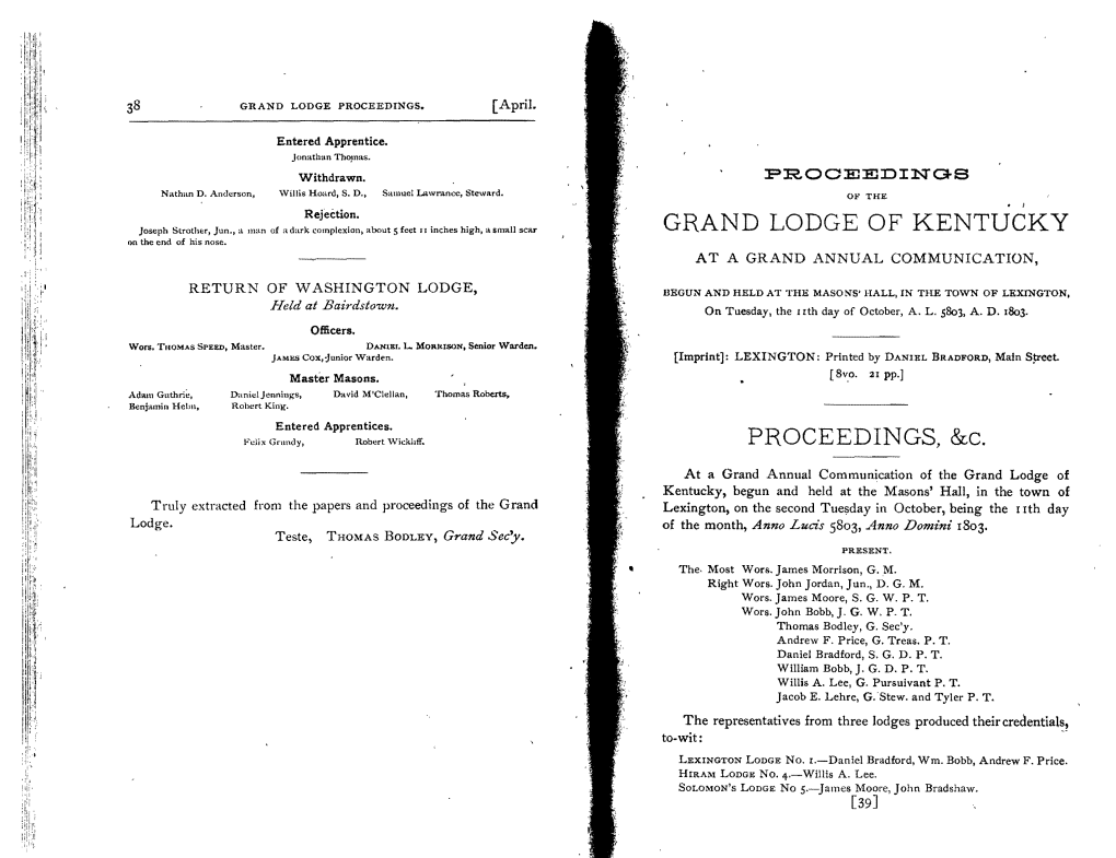 GRAND LODGE of KENTUCKY PROCEEDINGS, &C