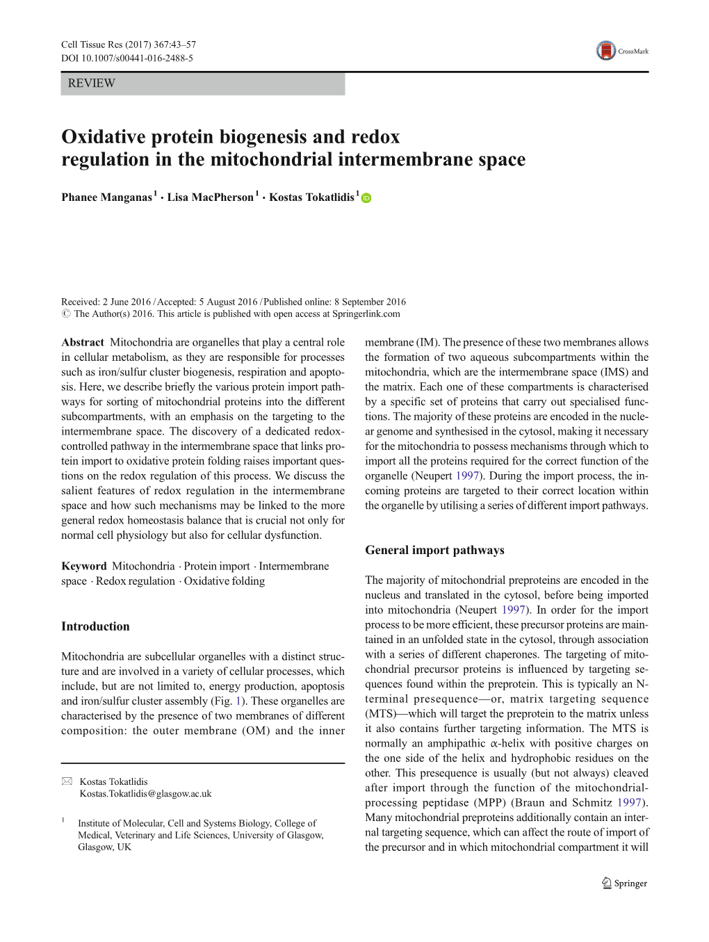 Oxidative Protein Biogenesis and Redox Regulation in the Mitochondrial Intermembrane Space