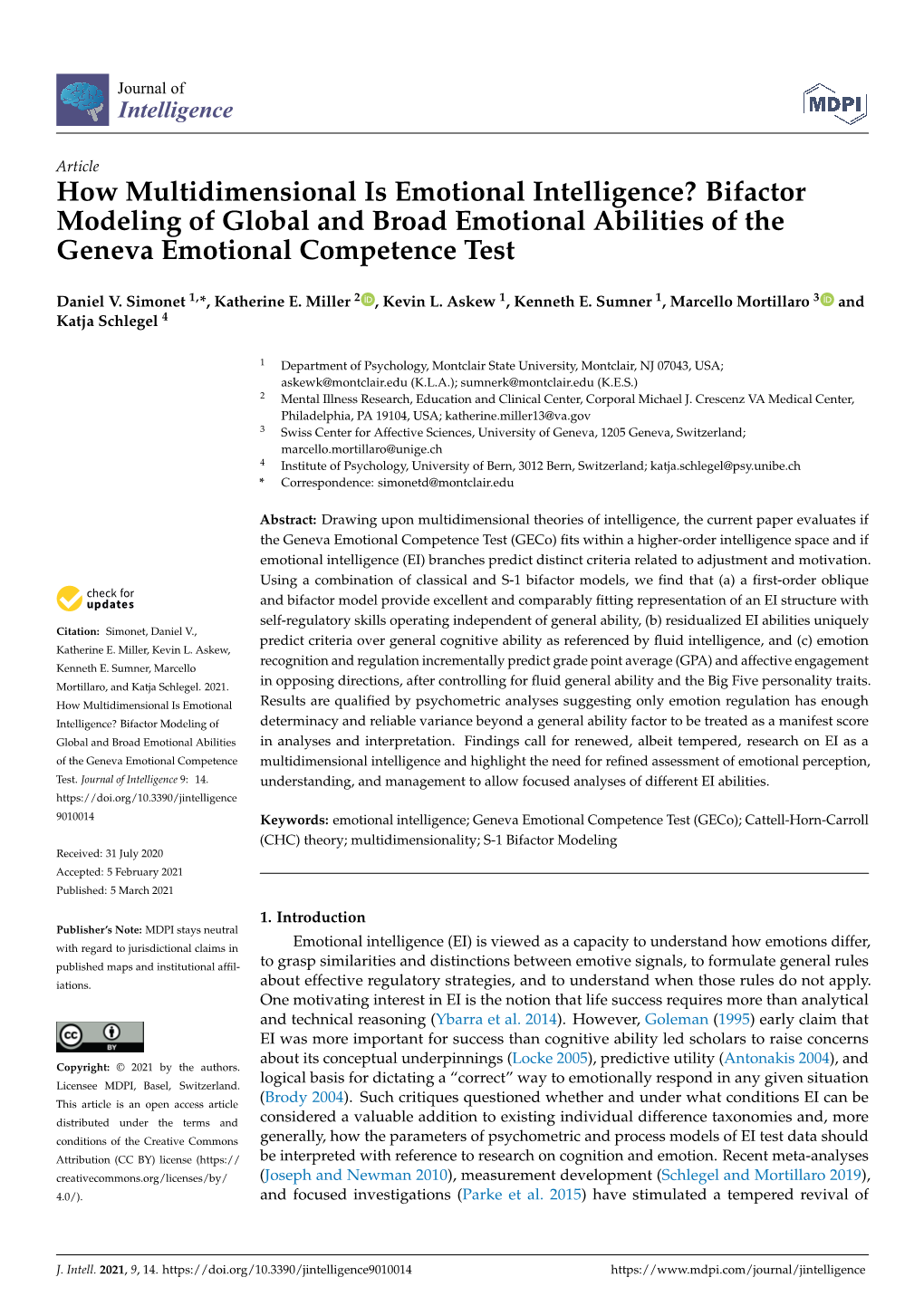 How Multidimensional Is Emotional Intelligence? Bifactor Modeling of Global and Broad Emotional Abilities of the Geneva Emotional Competence Test