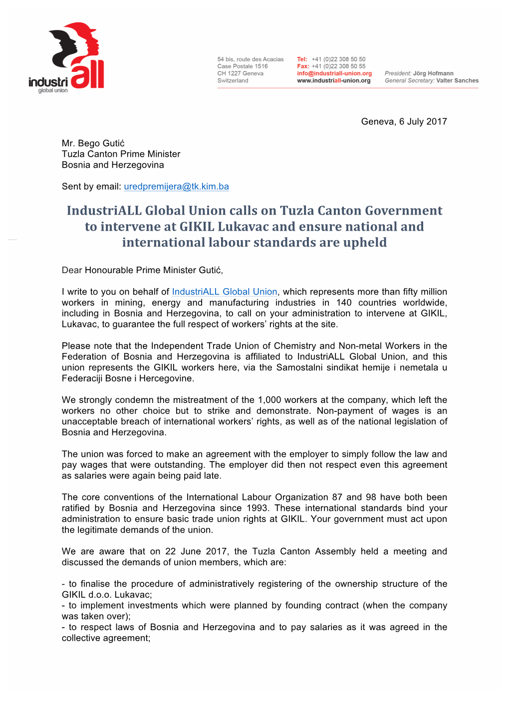 Industriall Global Union's Letter to Tuzla Prime Minister Regarding