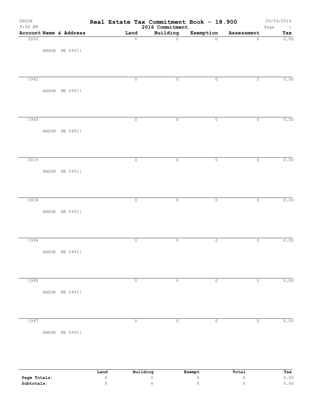 Real Estate Tax Commitment Book - 18.900 09/09/2016 9:46 AM 2016 Commitment Page 1 Account Name & Address Land Building Exemption Assessment Tax 2000 0 0 0 0 0.00