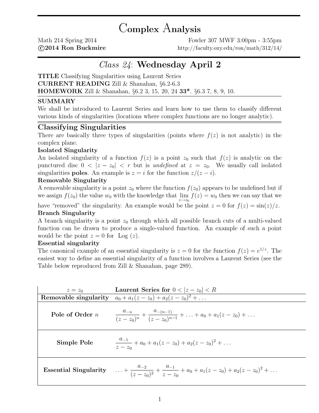 Complex Analysis Class 24: Wednesday April 2