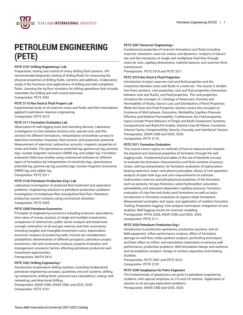 Petroleum Engineering (PETE) | 1