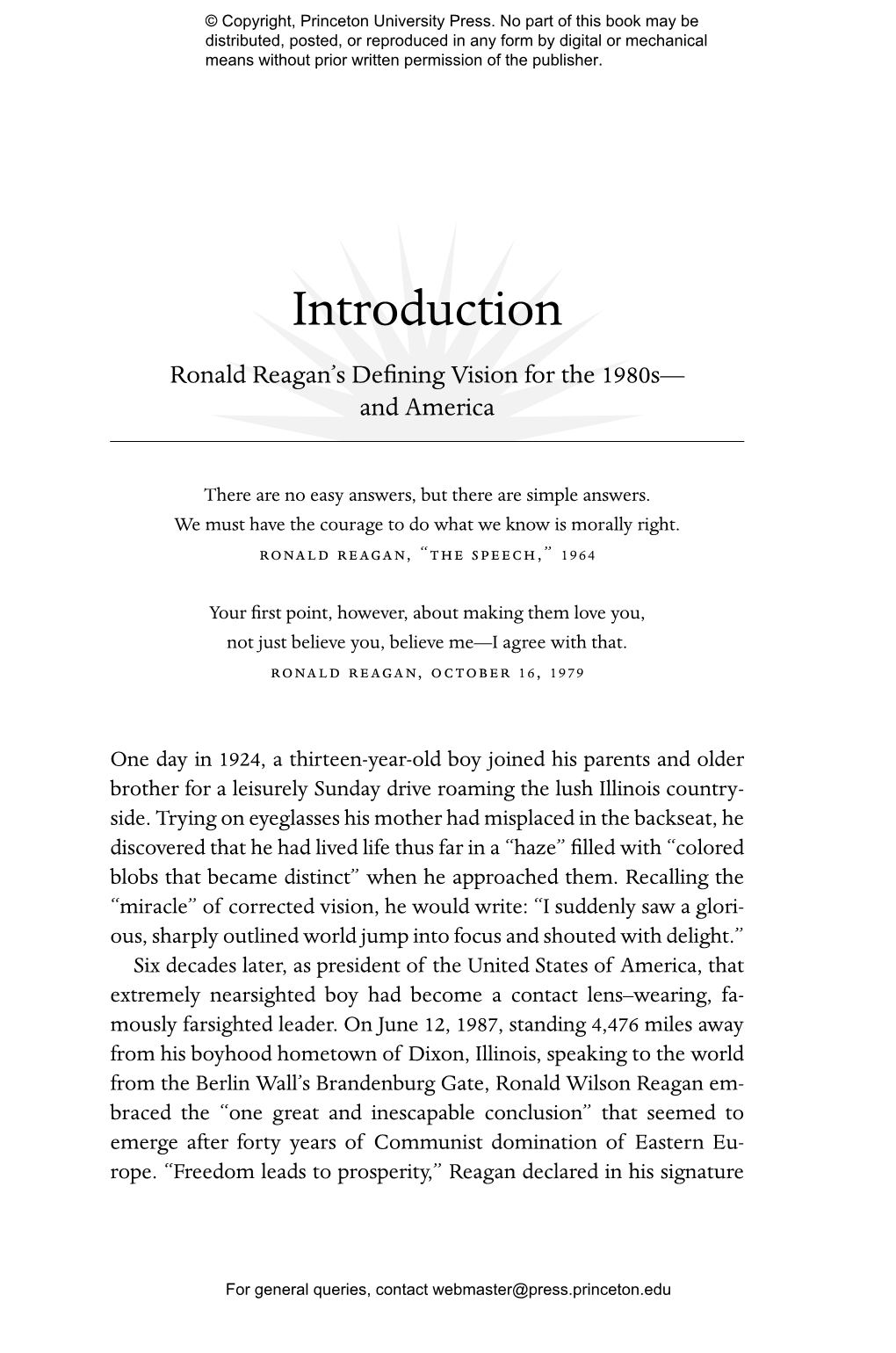 Introduction Ronald Reagan’S Deﬁning Vision for the 1980S— - and America