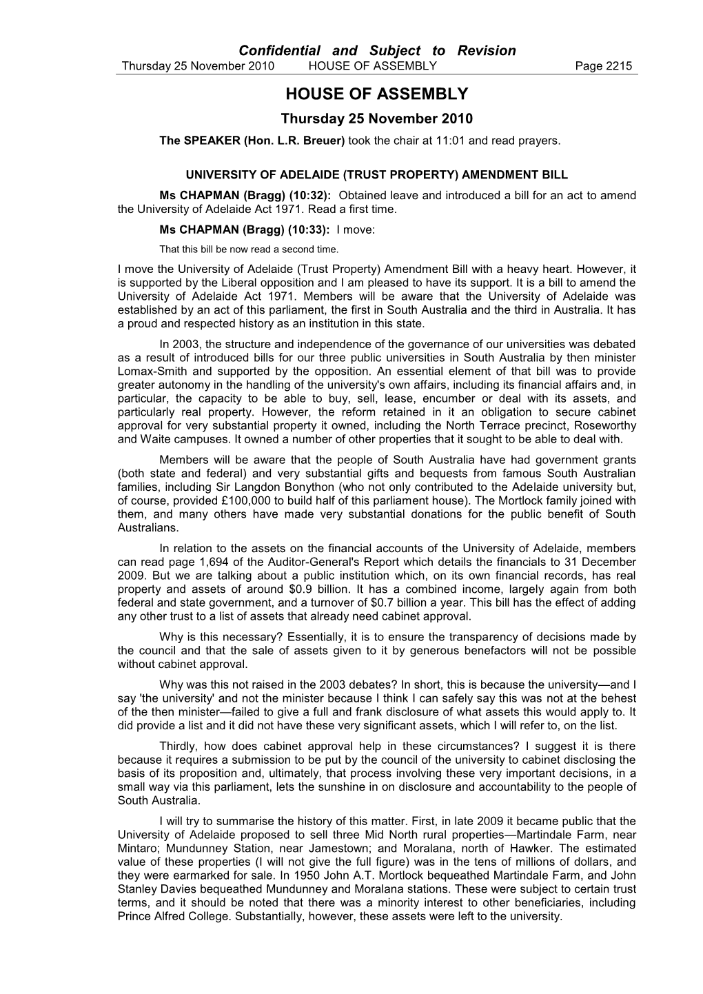 HOUSE of ASSEMBLY Page 2215 HOUSE of ASSEMBLY Thursday 25 November 2010 the SPEAKER (Hon