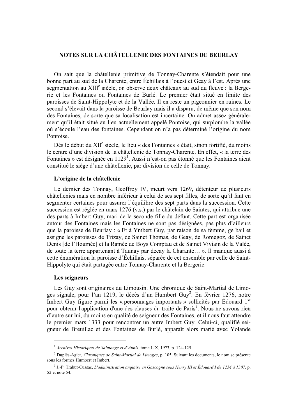 Notes Sur La Châtellenie Des Fontaines De Beurlay