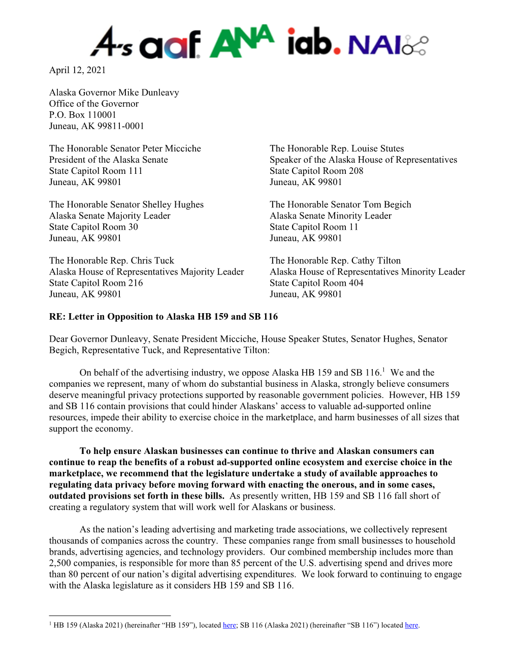 FINAL Joint Ad Trade Letter in Opposition to Alaska HB 159 And