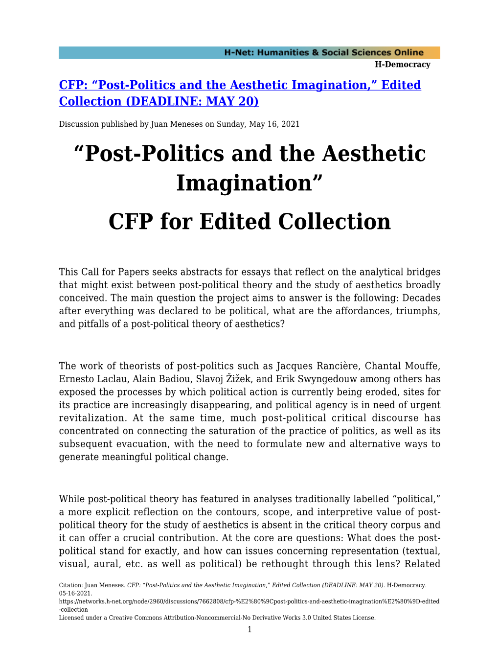 Post-Politics and the Aesthetic Imagination,” Edited Collection (DEADLINE: MAY 20)