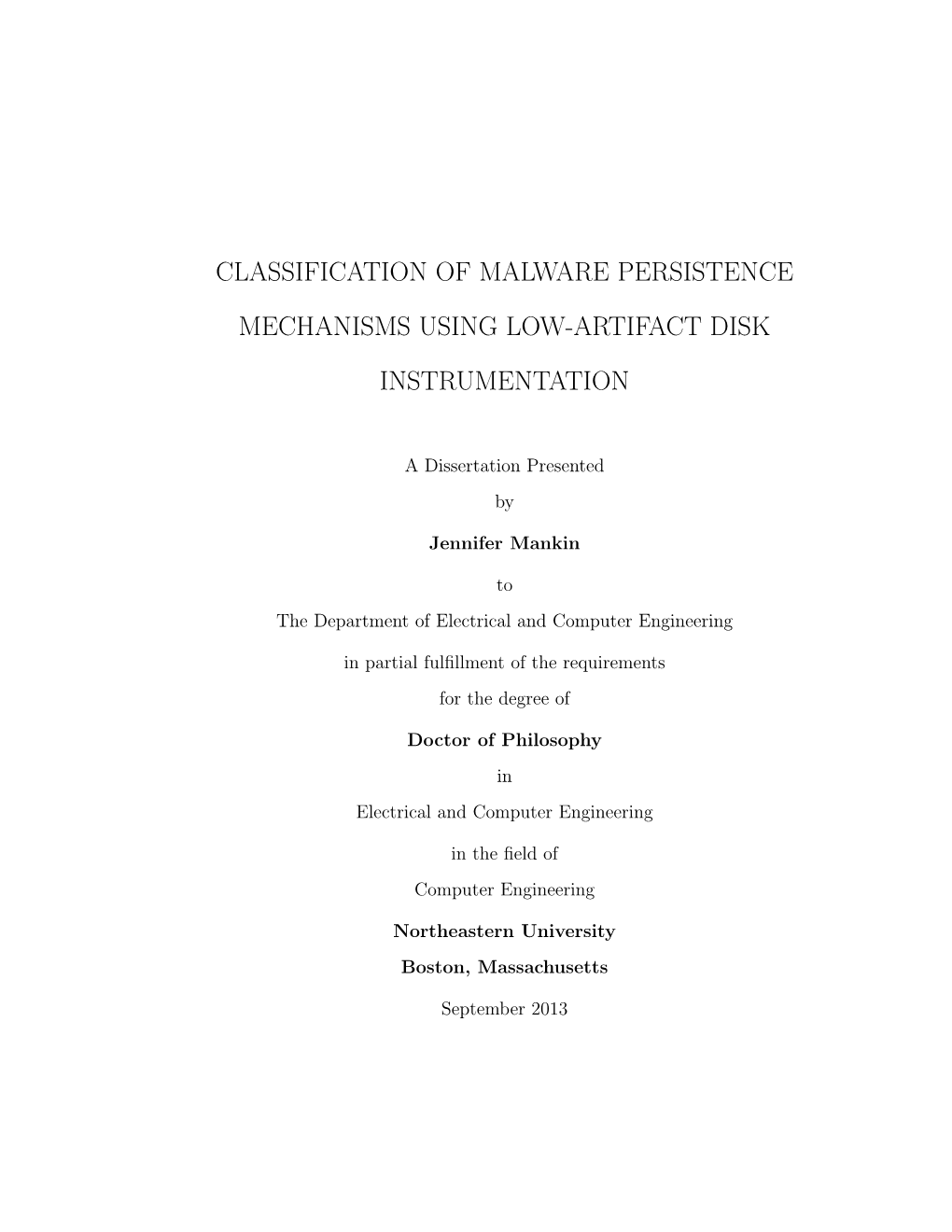 Classification of Malware Persistence Mechanisms Using Low-Artifact Disk