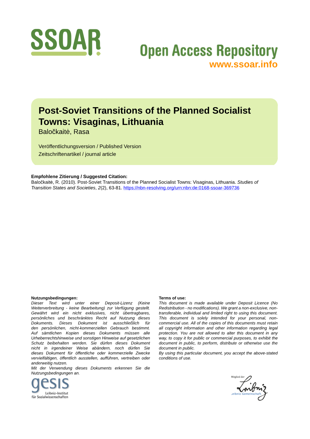 Post-Soviet Transitions of the Planned Socialist Towns: Visaginas, Lithuania Baločkaitė, Rasa