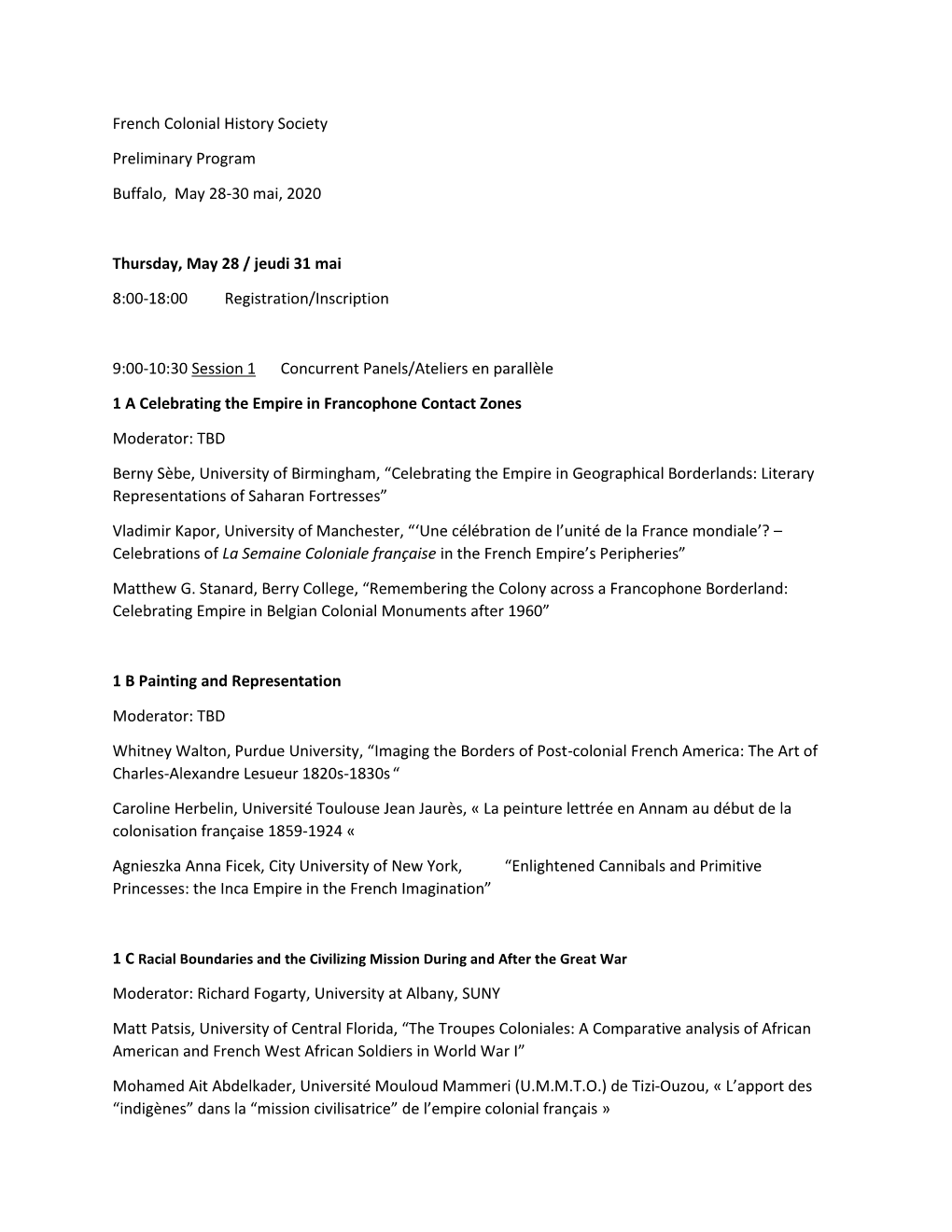 French Colonial History Society Preliminary Program Buffalo, May