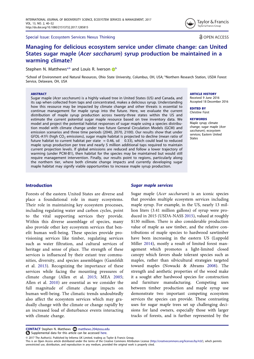 Can United States Sugar Maple (Acer Saccharum) Syrup Production Be Maintained in a Warming Climate? Stephen N