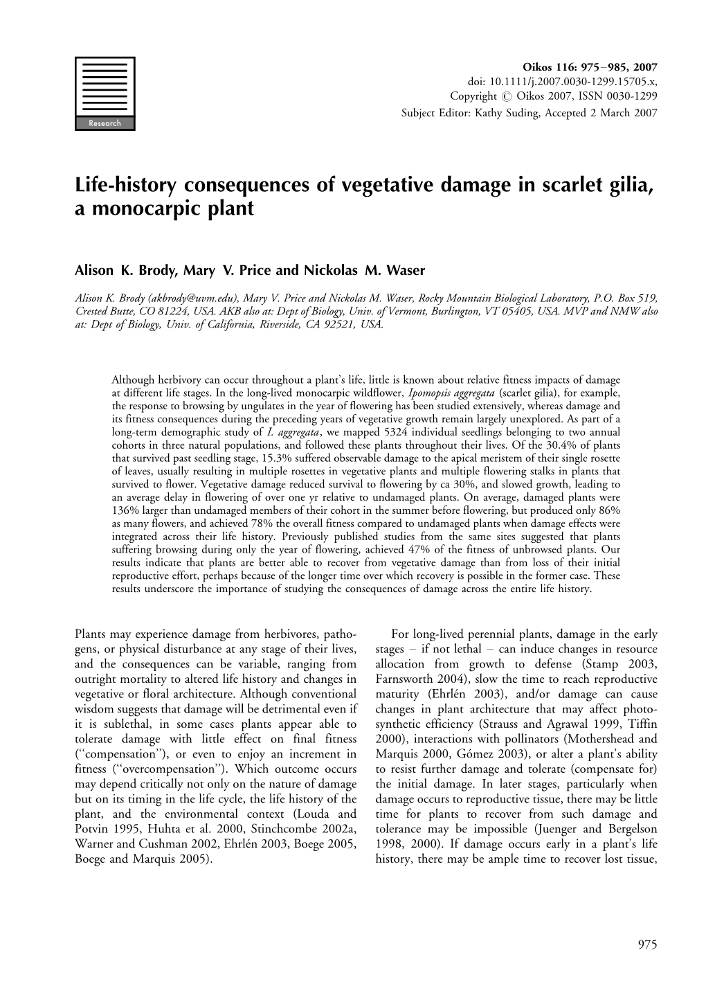 Life-History Consequences of Vegetative Damage in Scarlet Gilia, a Monocarpic Plant