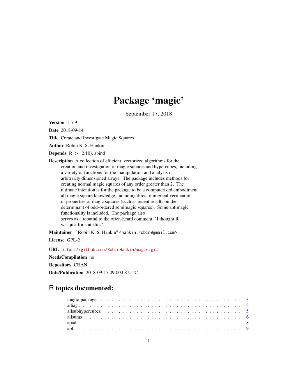 Magic’ September 17, 2018 Version 1.5-9 Date 2018-09-14 Title Create and Investigate Magic Squares Author Robin K