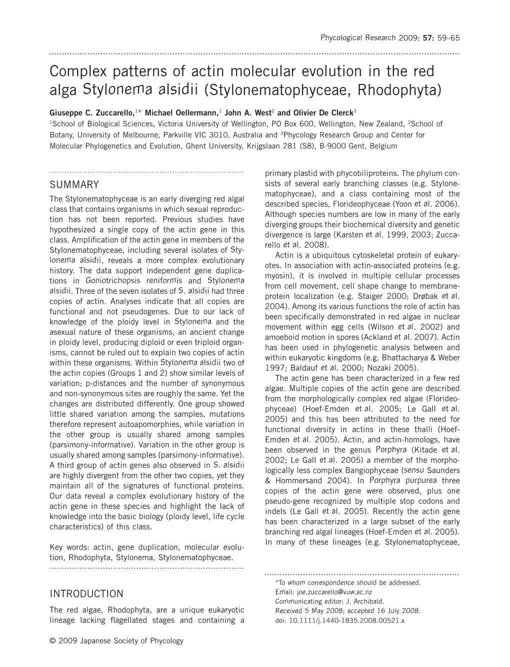 Complex Patterns of Actin Molecular Evolution in the Red Alga Stylonema Alsidii (Stylonematophyceae, Rhodophyta)