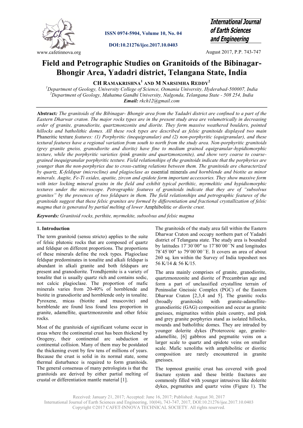 Field and Petrographic Studies on Granitoids of the Bibinagar- Bhongir Area, Yadadri District, Telangana State, India