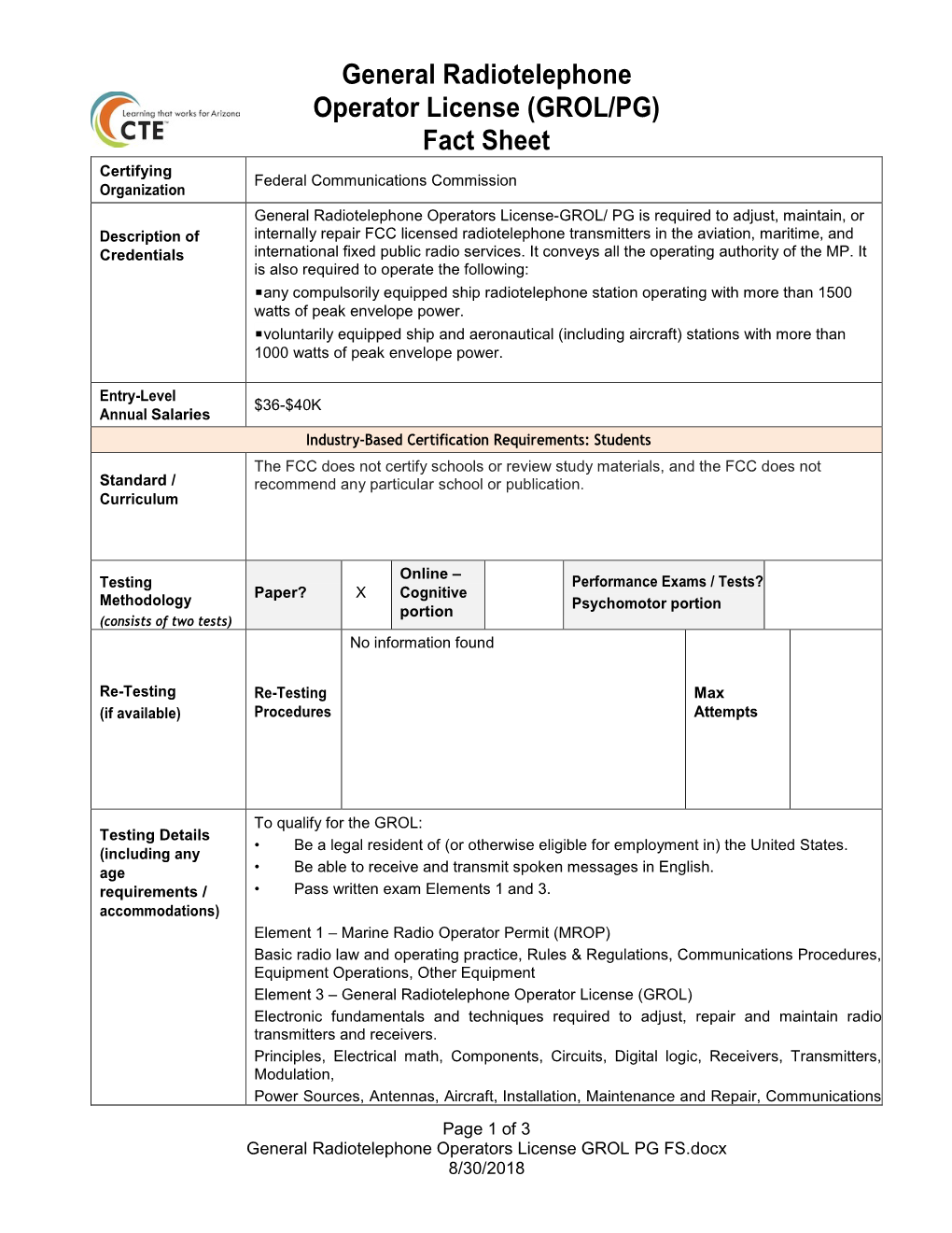 General Radiotelephone Operator License (GROL/PG) Fact Sheet