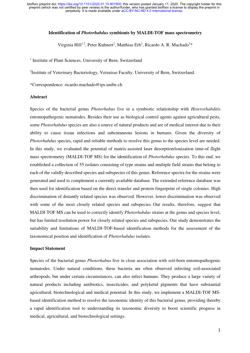 Identification of Photorhabdus Symbionts by MALDI-TOF Mass Spectrometry