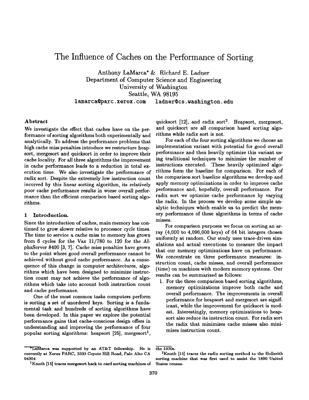 The Influence of Caches on the Performance of Sorting