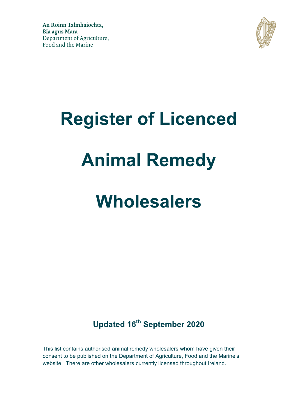 Register of Licenced Animal Remedy Wholesalers