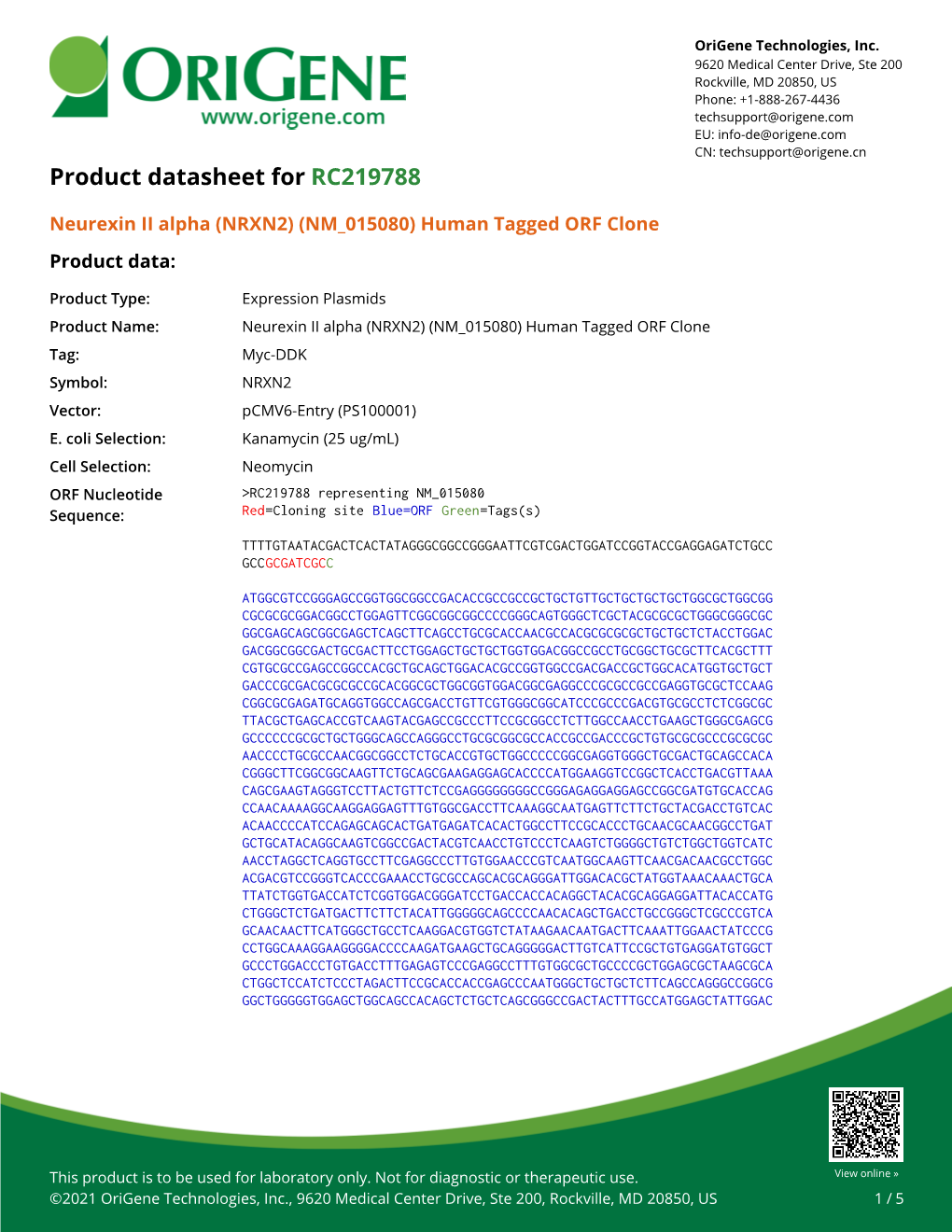 Neurexin II Alpha (NRXN2) (NM 015080) Human Tagged ORF Clone Product Data