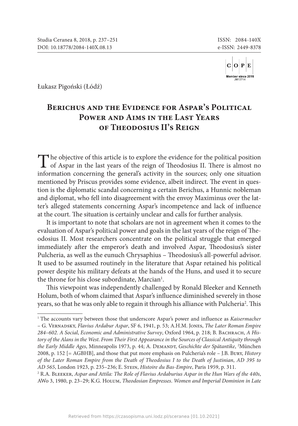 Berichus and the Evidence for Aspar's Political Power and Aims in the Last Years of Theodosius II's Reign