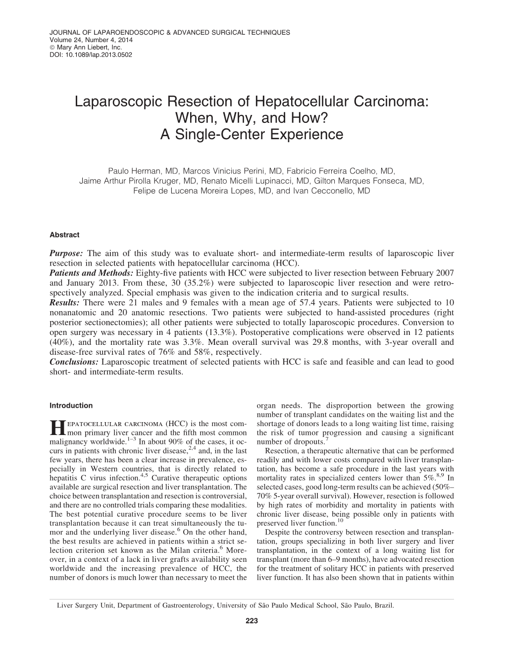 Laparoscopic Resection of Hepatocellular Carcinoma: When, Why, and How? a Single-Center Experience