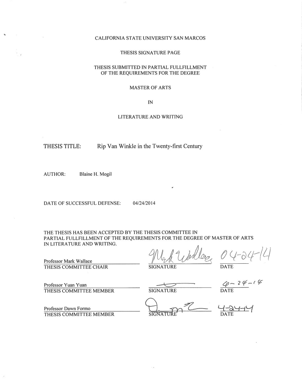 CSUSM Departmental Signature Page