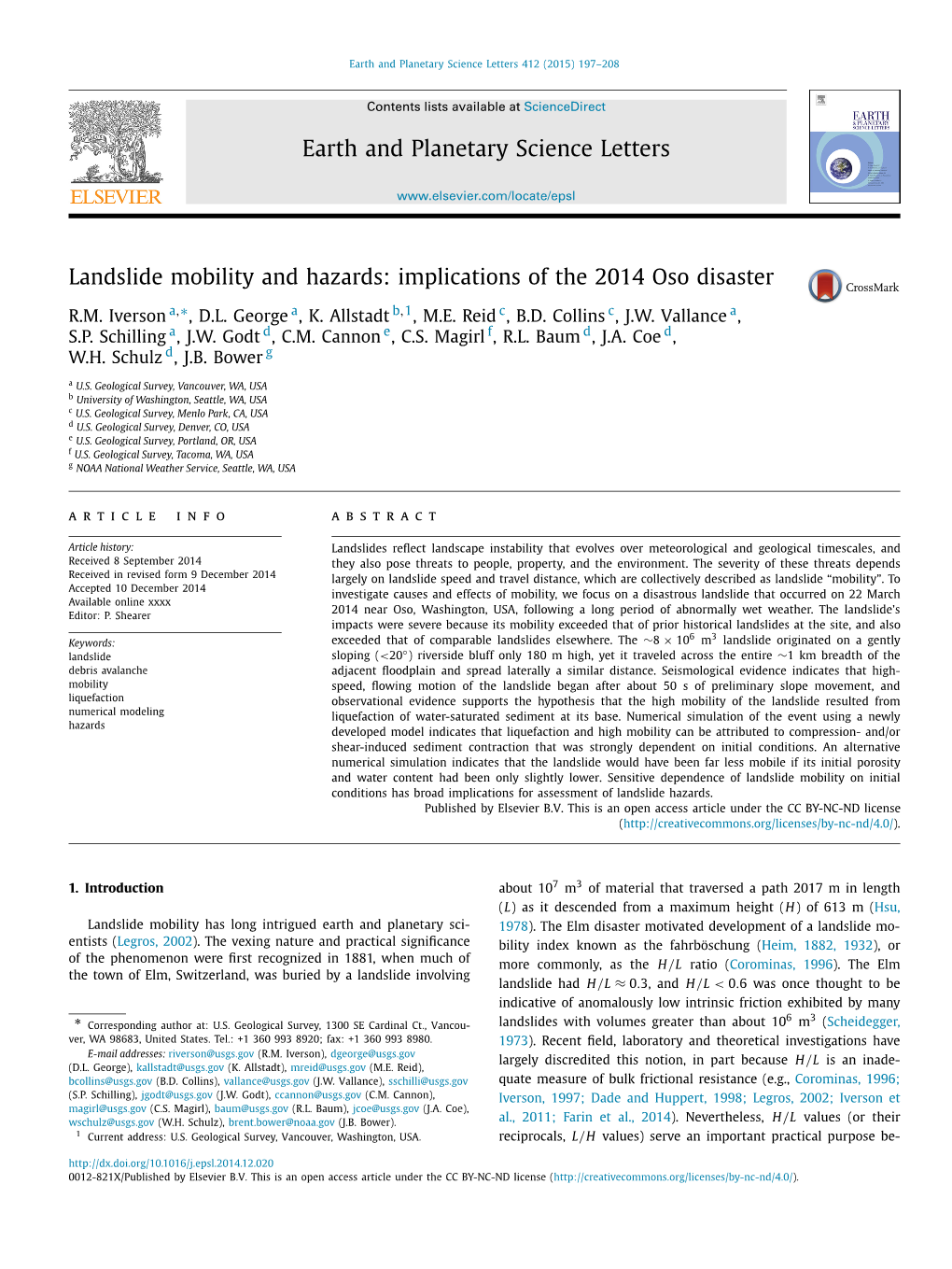 Landslide Mobility and Hazards: Implications of the 2014 Oso Disaster ∗ R.M